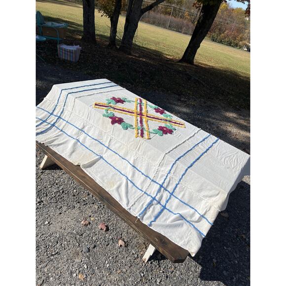 Vintage Chenille Bedspread Coverlet Twin 72x98 Floral Cottage Cutter Crafts - Picture 3 of 14